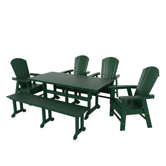 Dylan 6 Piece Outdoor Patio Rectangle Dining Table and Dining Bench Shell Back Armchair Set