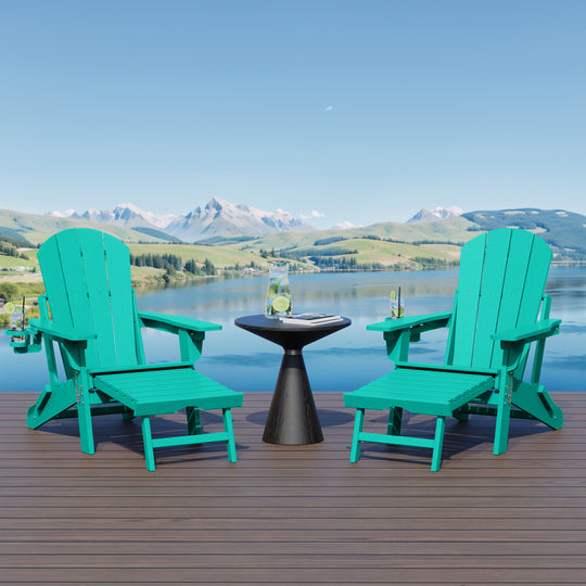 Malibu Folding Adjustable Adirondack Chair with Retractable Ottoman and Cup Holder (Set of 2)
