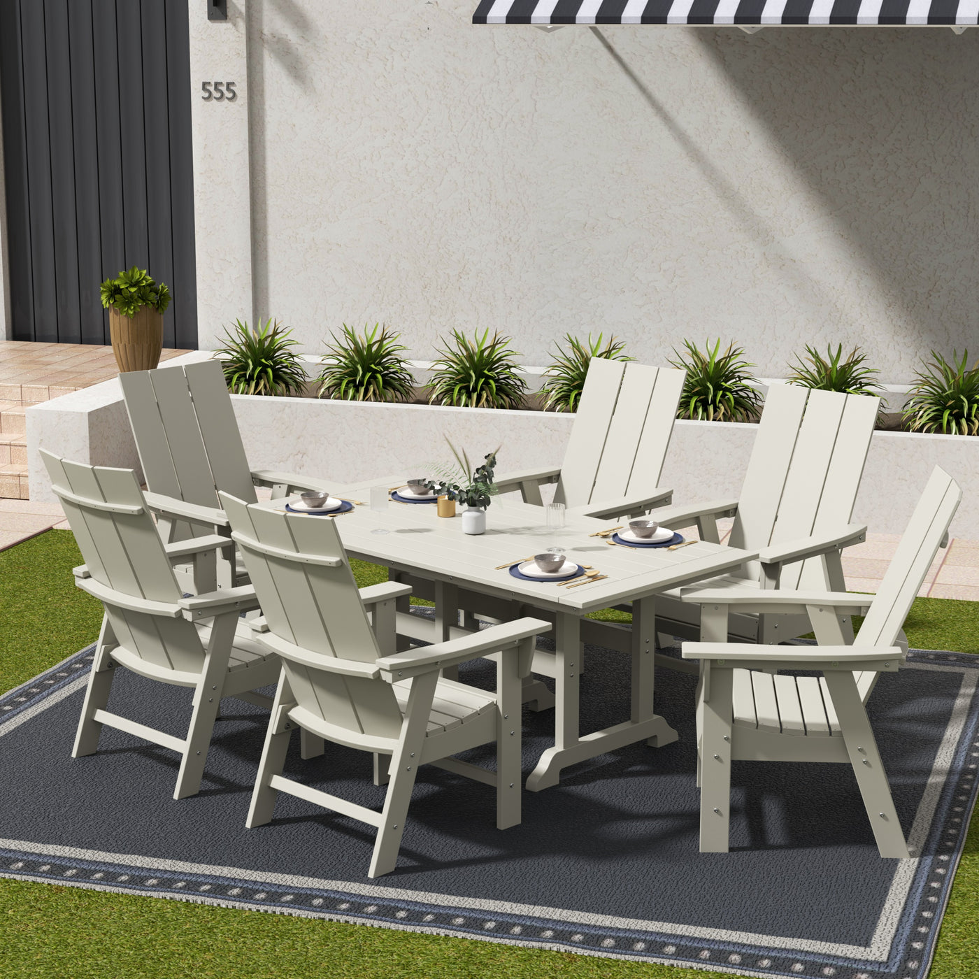 Ashore 7-Piece Outdoor Patio Dining Table and Modern Adirondack Armchair Set