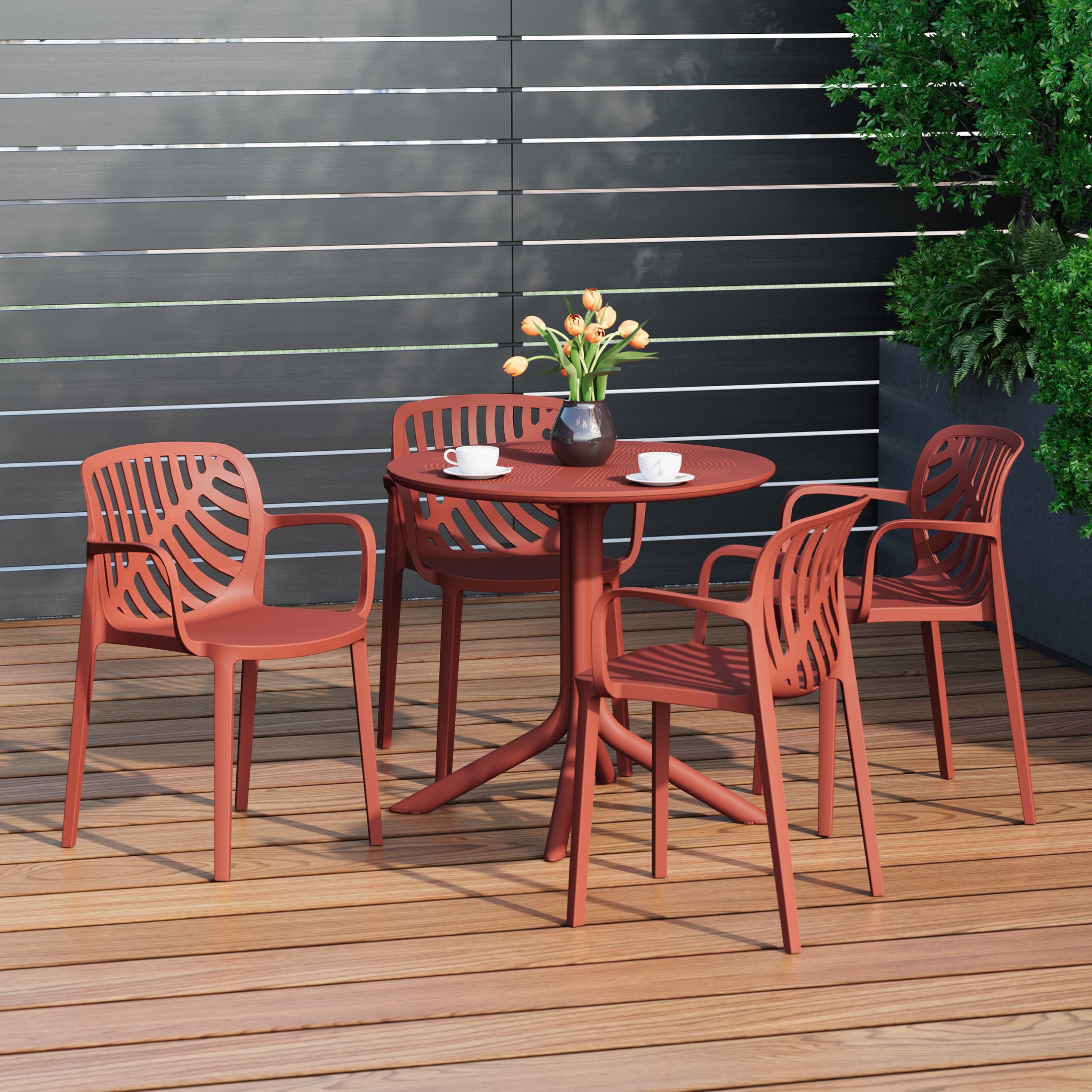 Playa 5-Piece Outdoor Resin Round Patio Dining Table Set with Modern Stackable Patio Dining Chairs