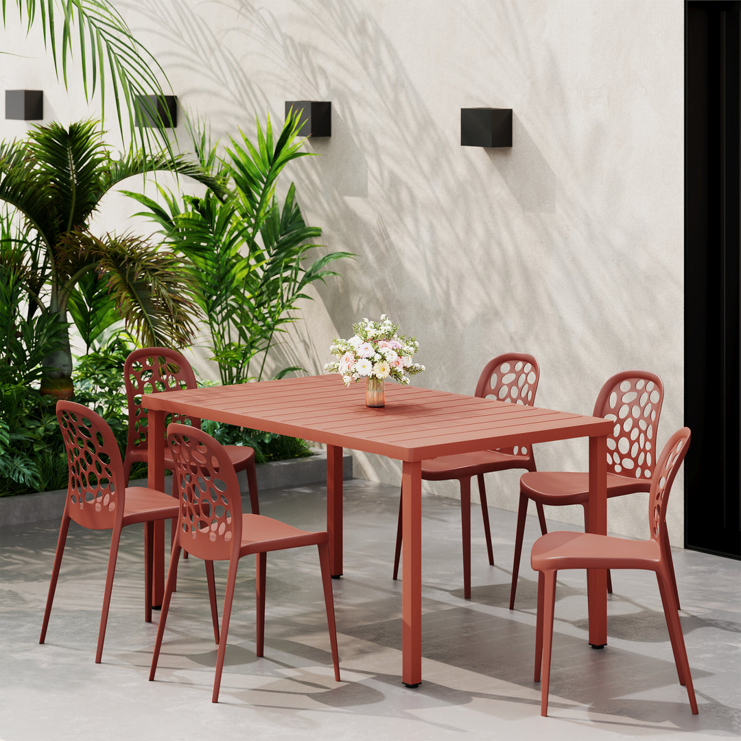 Playa 7-Piece Outdoor Metal Rectangle Patio Dining Table Set With Stackable Patio Dining Side Chairs