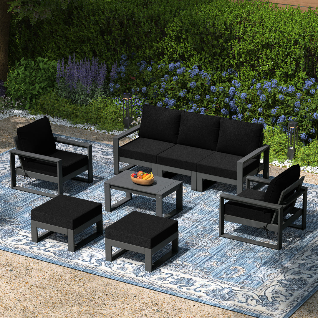 Montara 8-Piece Modern HDPE Outdoor Patio Furniture Conversation Set with Coffee Table and Ottomans