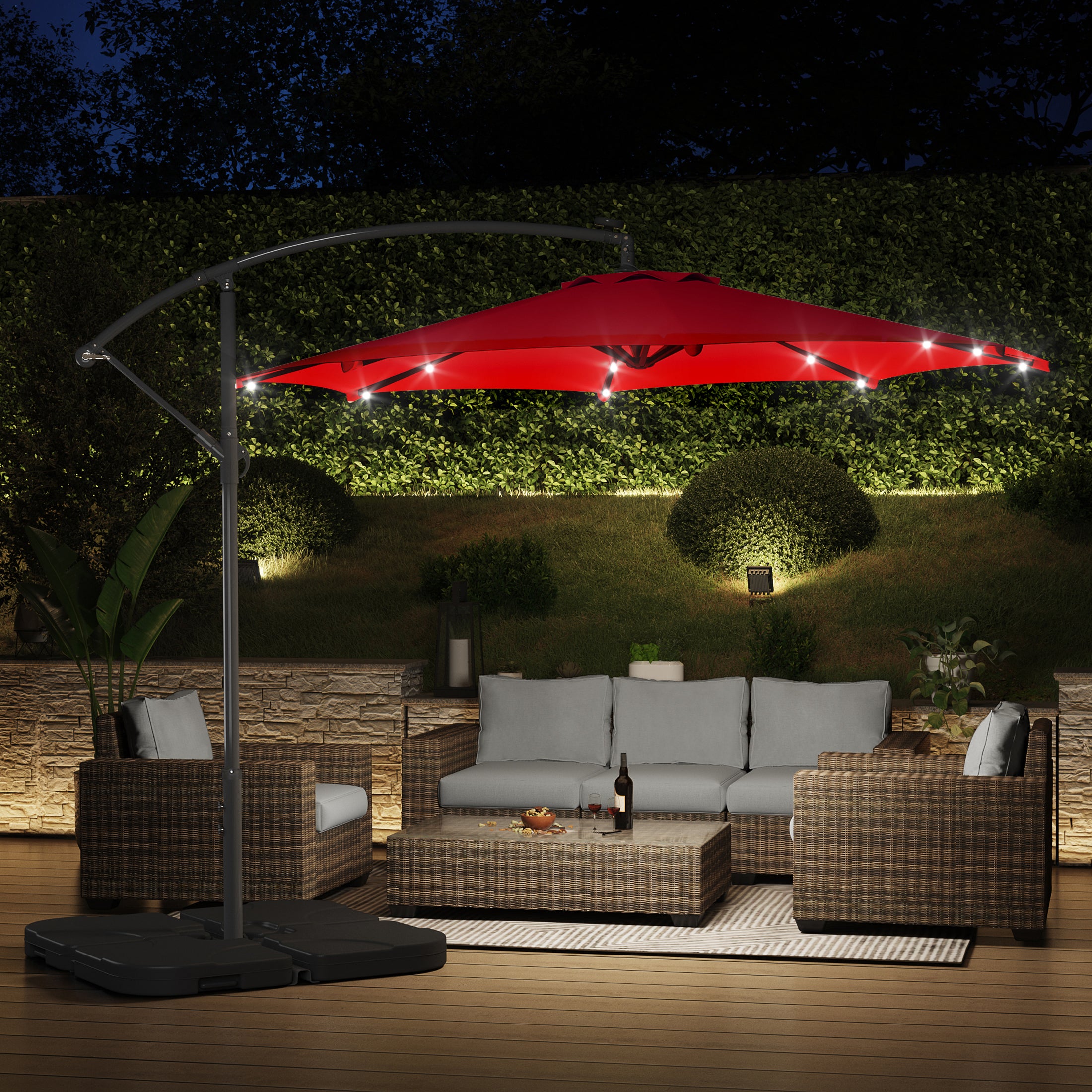 Albert 10 ft. Outdoor / Paito Cantilever Hanging Umbrella with Solar Power LED lights and 50 lbs concrete weight base kit