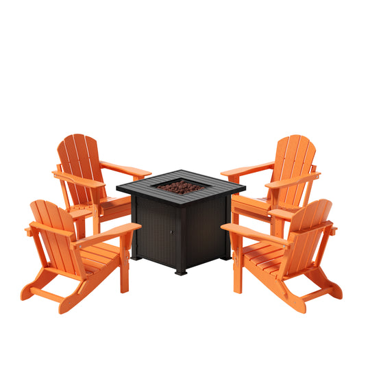 Malibu Modern Folding Poly Adirondack Chair With Square Fire Pit Table Set