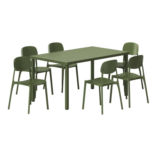 Playa 7-Piece Outdoor Rectangular Metal Patio Dining Table Set With Mid-Century Modern Stackable Patio Side Chairs