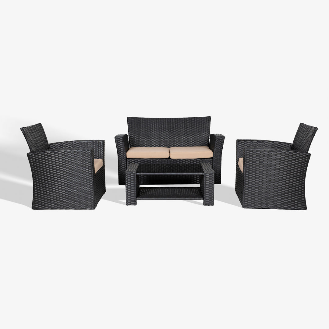 Coastal 4-Piece set Black color base Outdoor / Patio Wicker Rattan Conversation Sofa set with cushions and a Coffee table ( 4 seater )