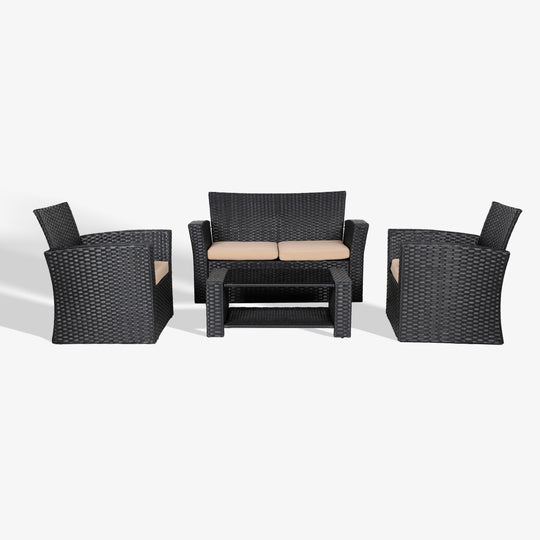 Coastal 4-Piece set Black color base Outdoor / Patio Wicker Rattan Conversation Sofa set with cushions and a Coffee table ( 4 seater )