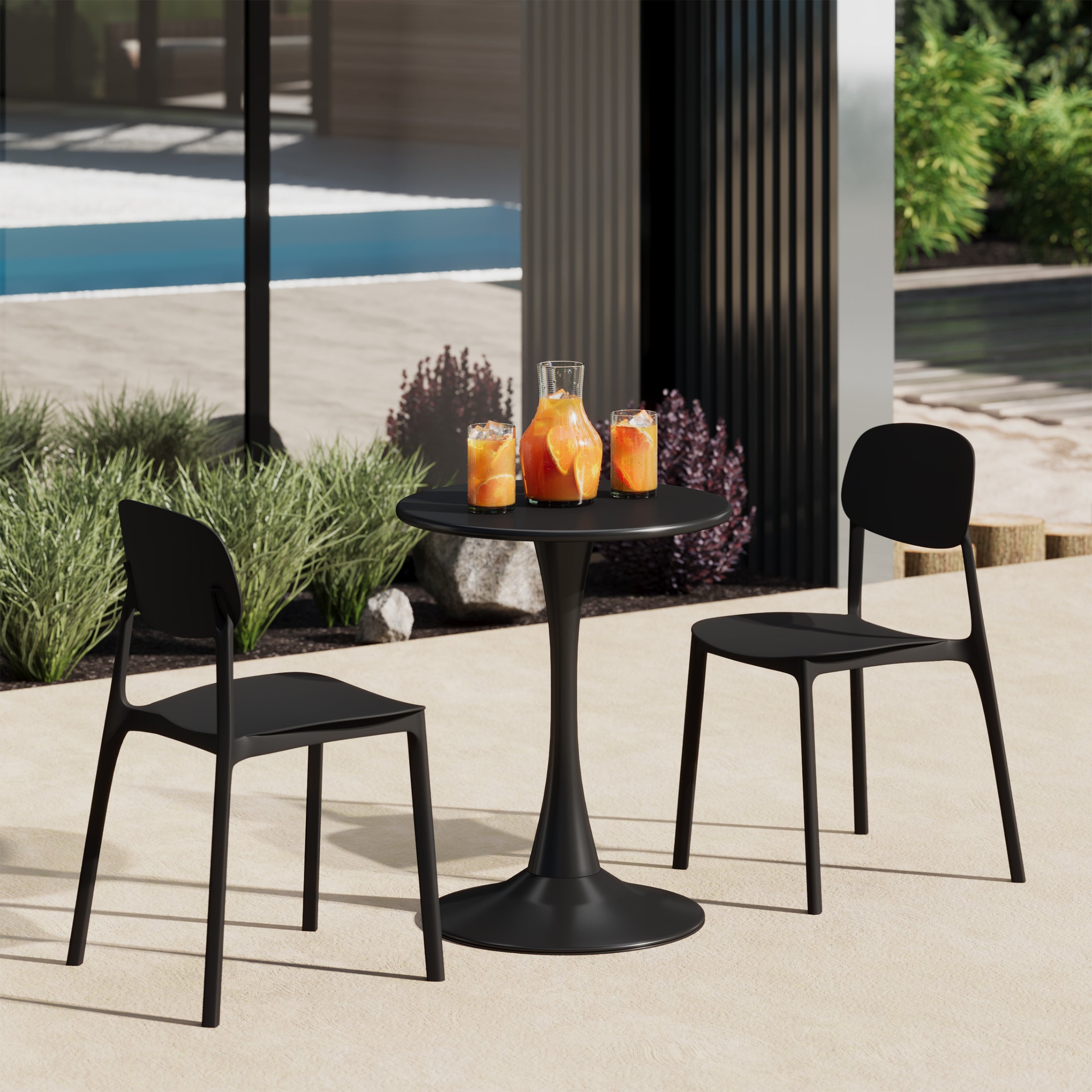 Playa 3-Piece Outdoor Round Metal Patio Dining Table Set With Stackable Resin Patio Side Chairs