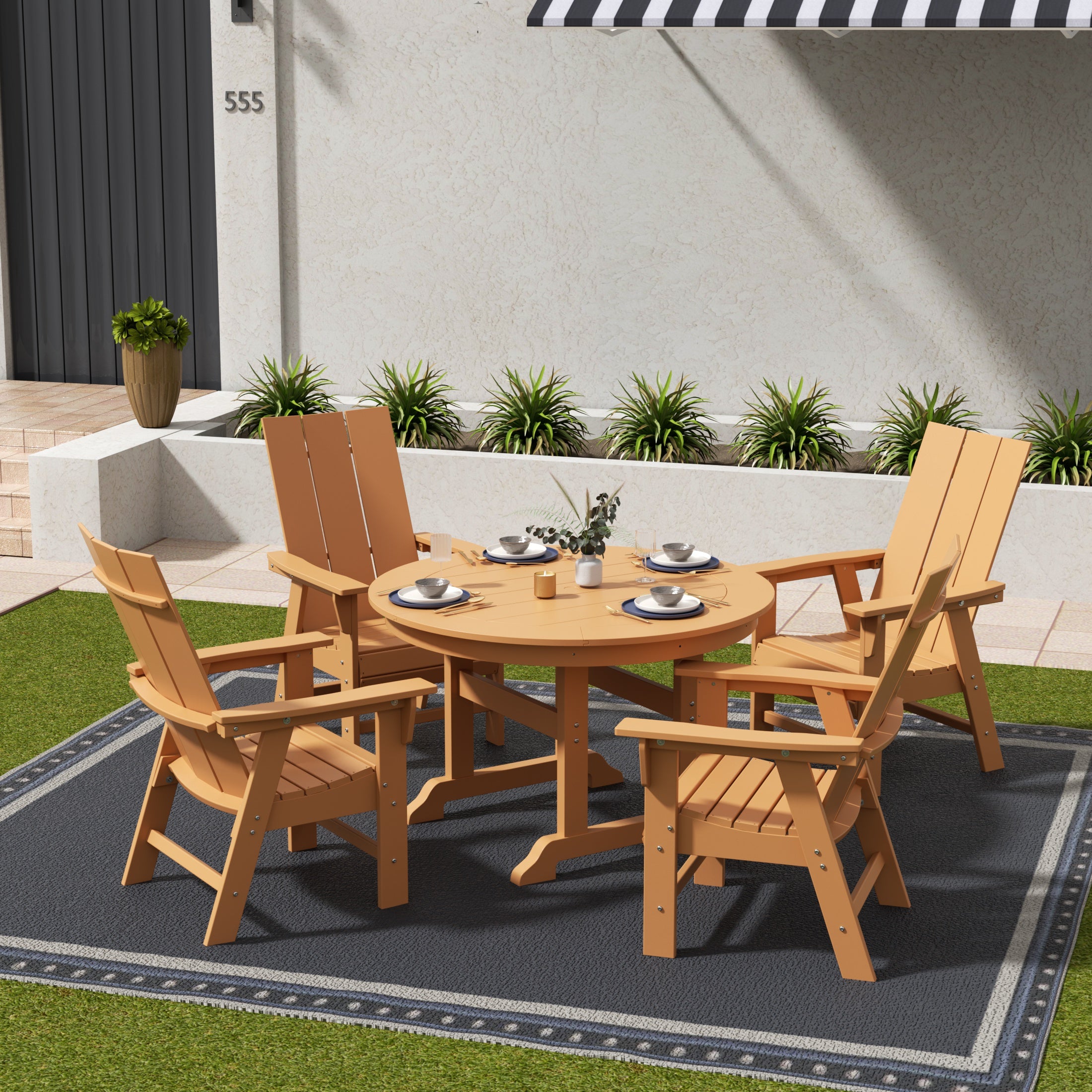 Ashore 5 Piece Outdoor Patio Dining Round Table and Modern Armchair Set