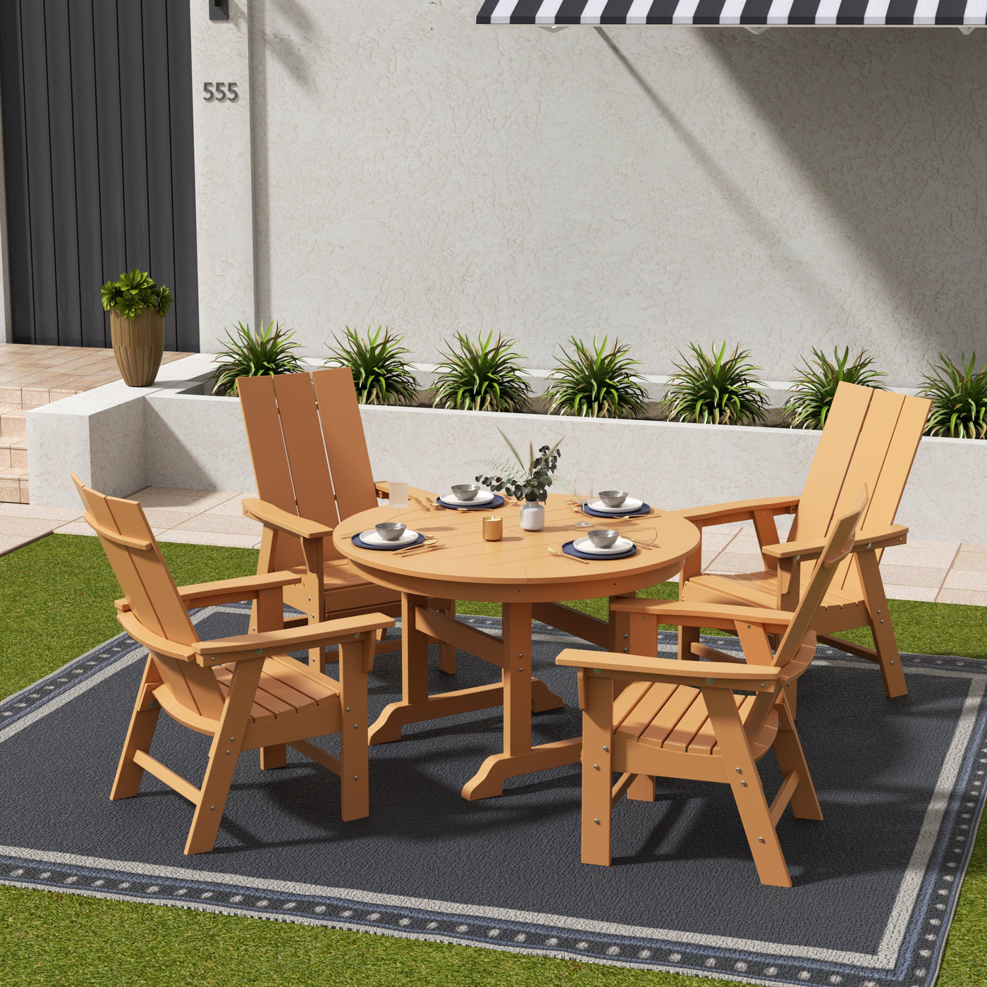 Ashore 5 Piece Outdoor Patio Round Dining Table and Modern Armchair Set