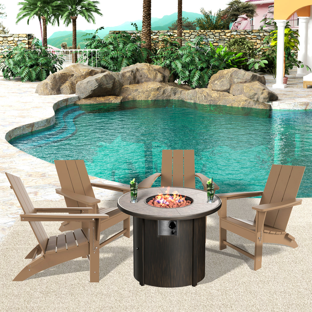 Ashore Modern Folding Poly Adirondack Chair With Round Fire Pit Table