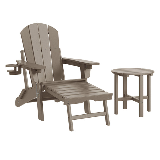 Malibu 2-Piece Outdoor Folding Adjustable Adirondack Chair with Cup Holder & Hideaway Ottoman and 18" Side Table