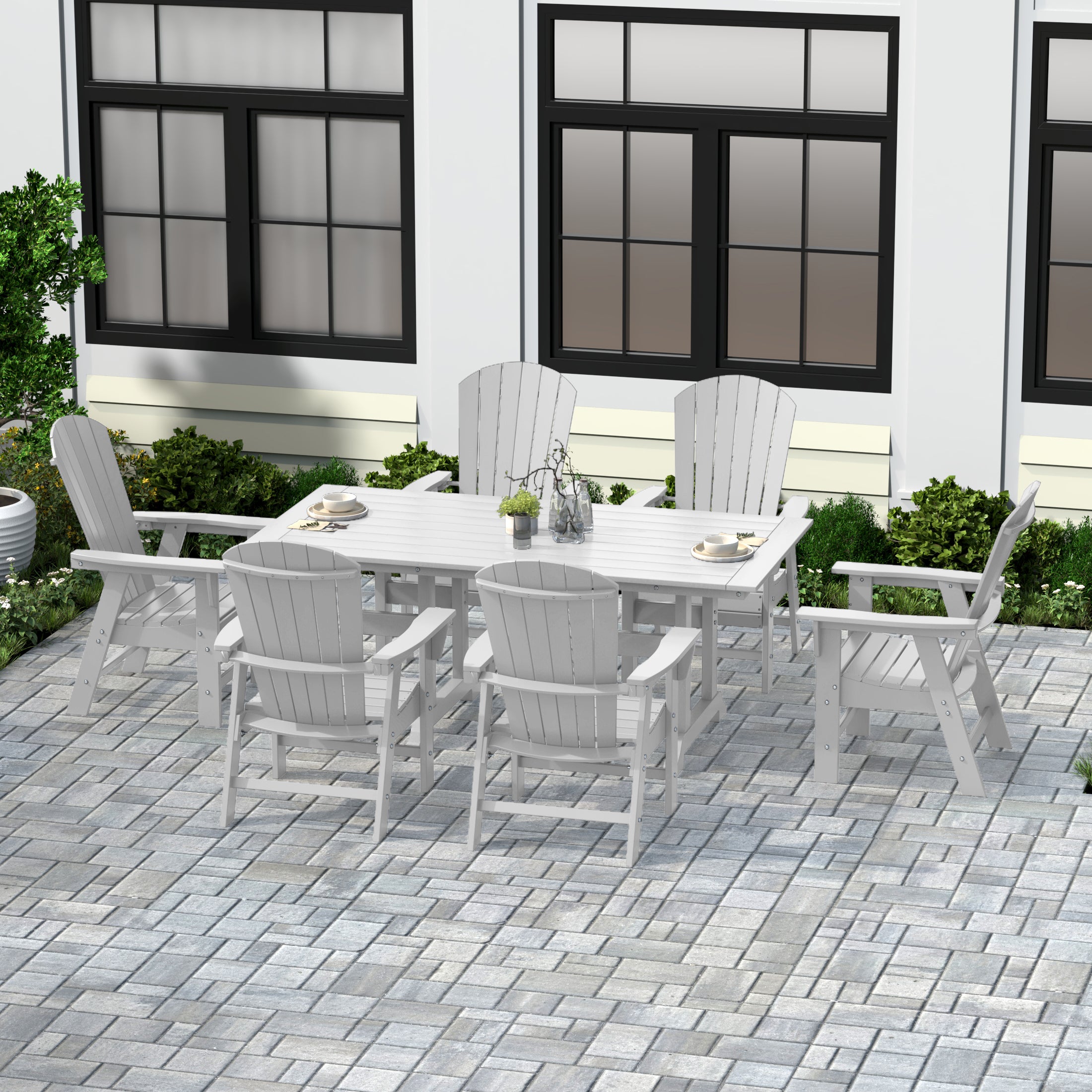 Dylan 7 Piece Outdoor Patio Dining Table and Adirondack Armchair Set