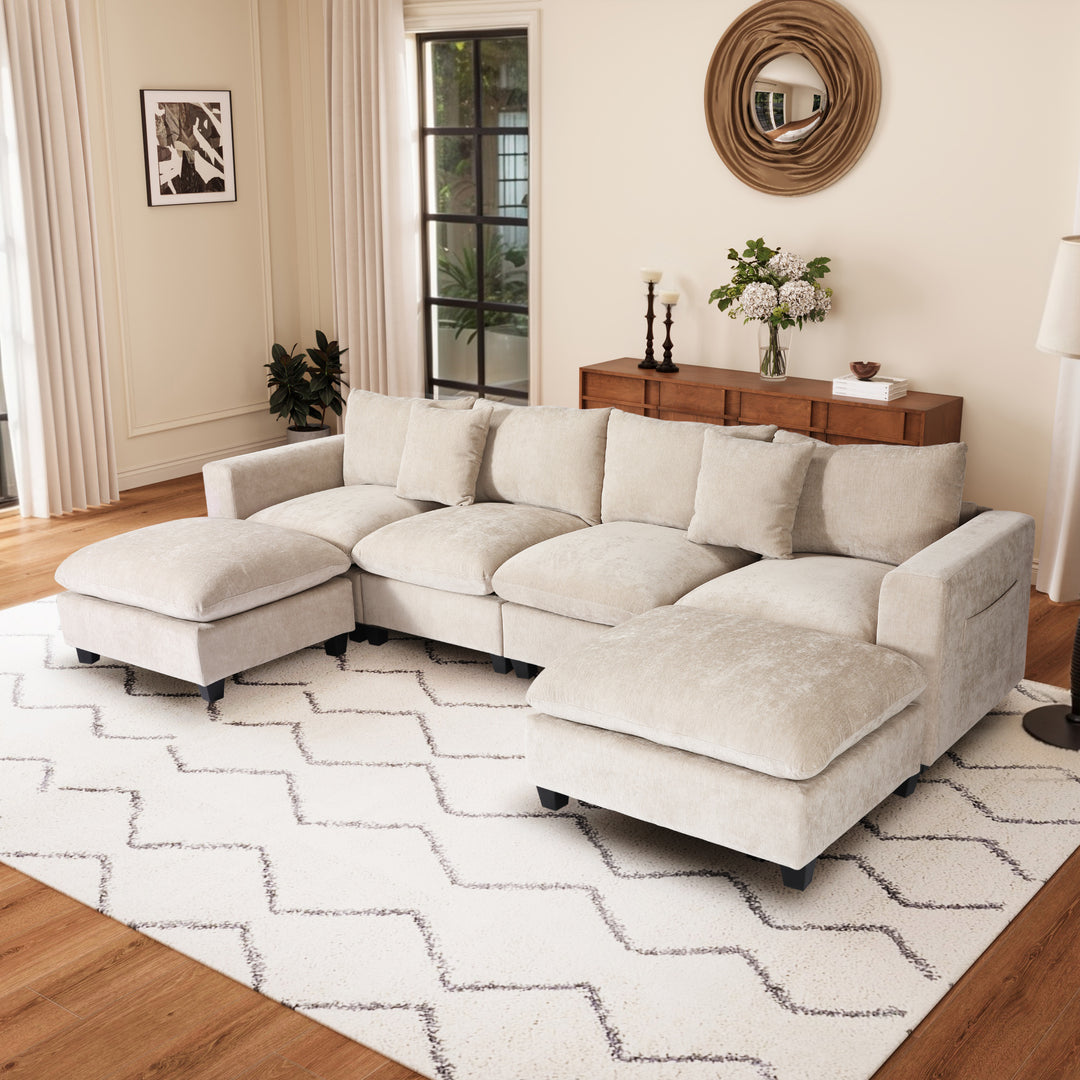 Augusta 128" Chenille Modular U-Shaped Sectional Couch and Chaise With USB/Type-C Ports and Side Pockets