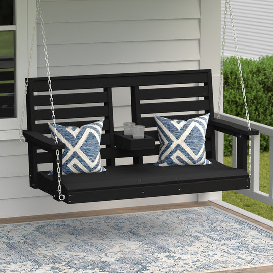 St Charles Outdoor HDPE 54" Front Hanging Porch Swing Bench With Cupholders