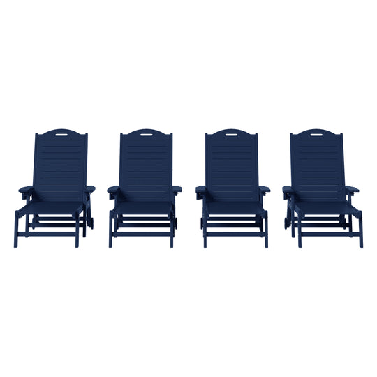 Aruba Outdoor HDPE Patio Chaise Lounges With Wheels & Cup Holder (Set of 4)