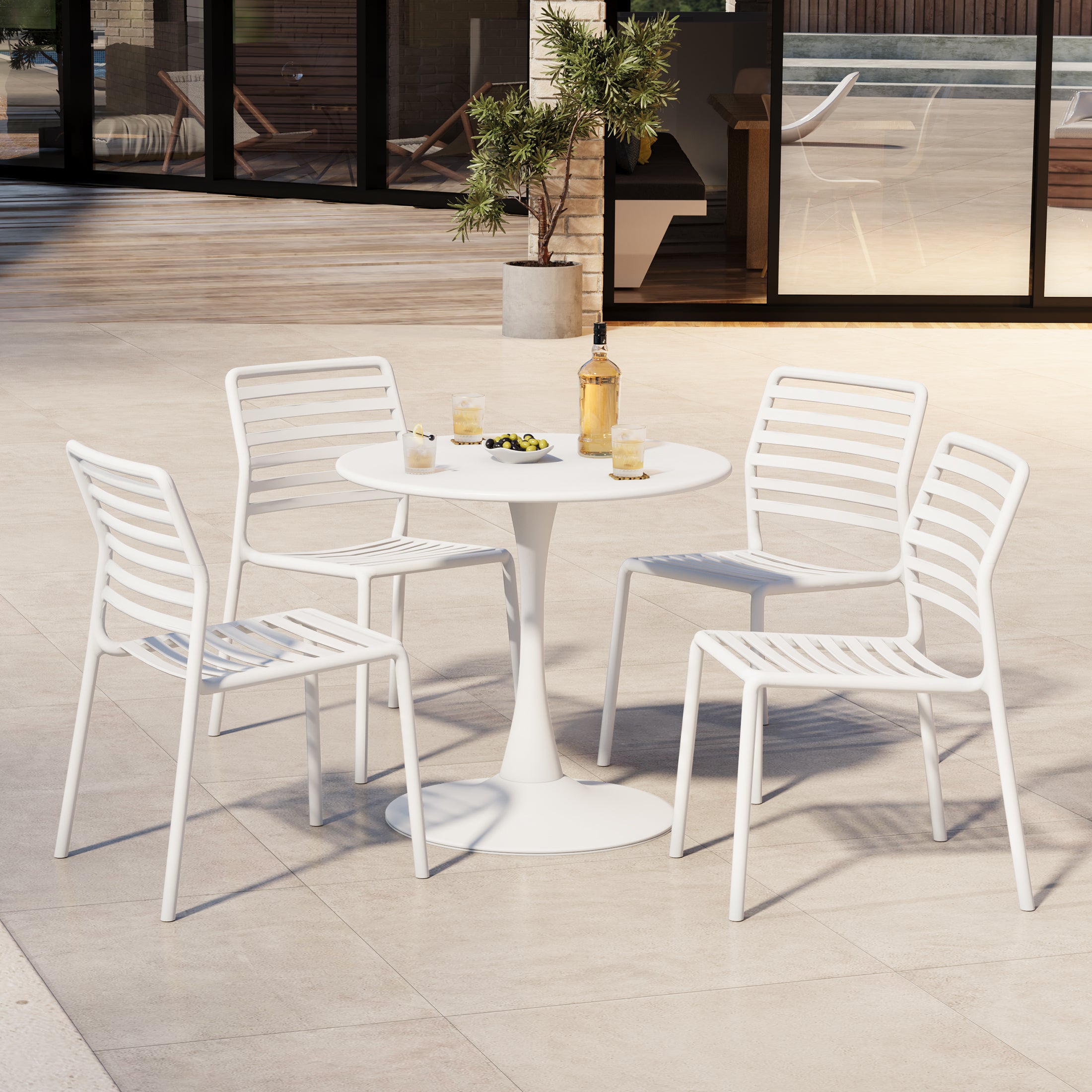 Playa 5-Piece Outdoor Indoor Metal Patio Dining Table Set With Stackable Plastic Patio Side Chairs