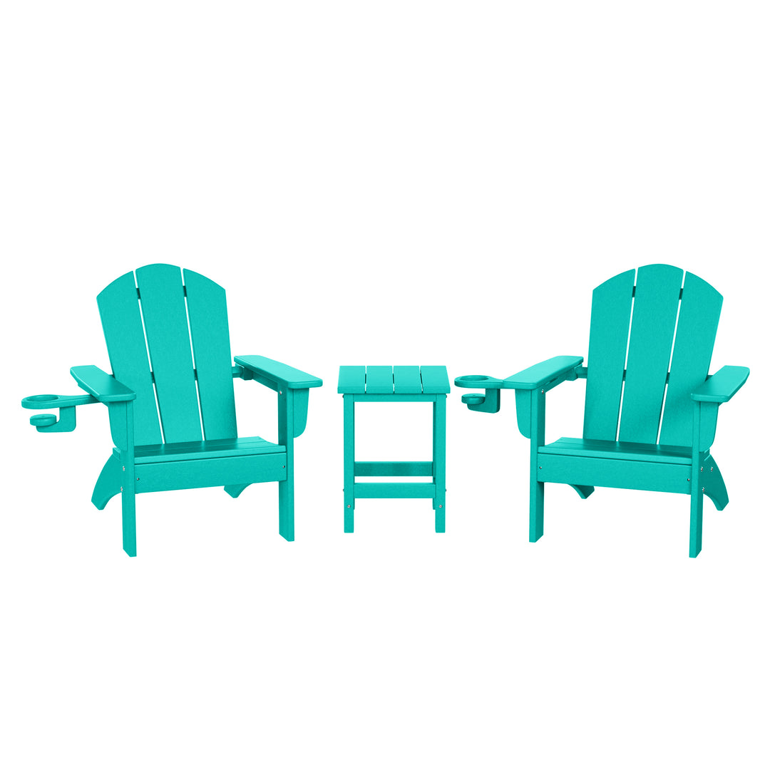 Malibu 3-Piece Kids HDPE Adirondack Chairs Set with Square Side Table and Cup Holders