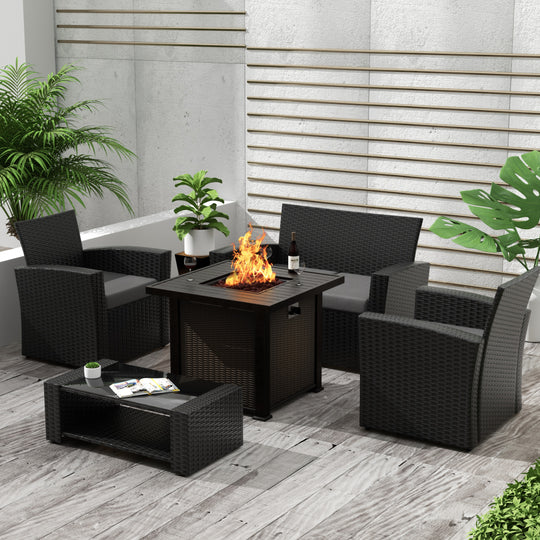 Coastal 4-Piece Black Outdoor Patio Conversation Sofa Set with Square Fire Pit Table