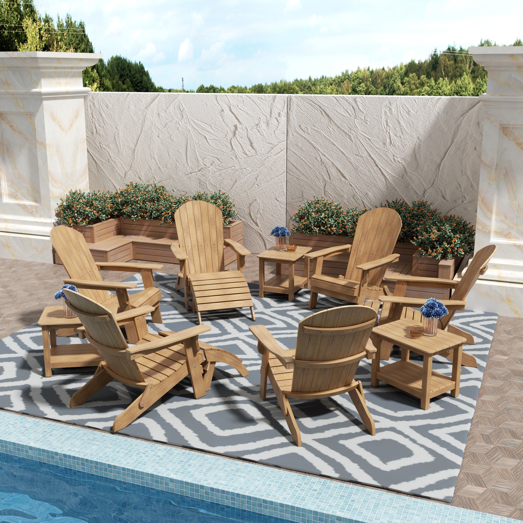 Tuscany 6 Person Folding Adirondack Seashell With Side Table and Folding Ottoman