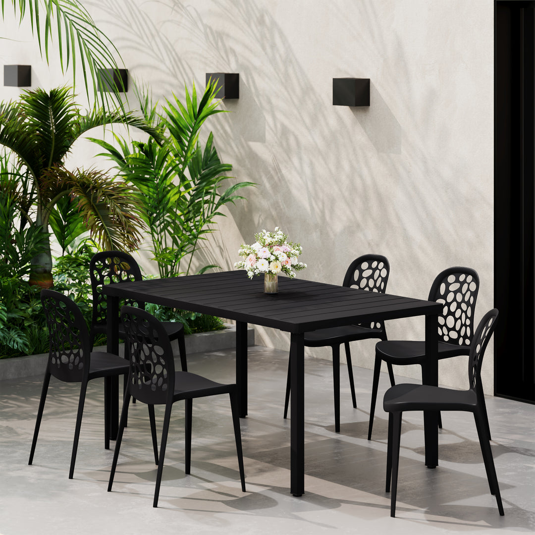 Playa 7-Piece Outdoor Metal Rectangle Patio Dining Table Set With Stackable Patio Dining Side Chairs
