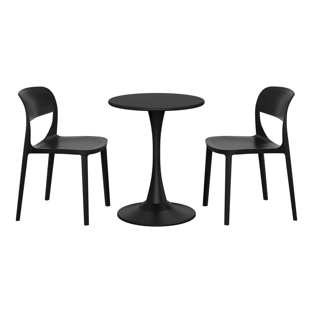 Playa 3-Piece Round Metal Bistro Dining Table Set And Stackable Resin Patio Dining Side Chairs