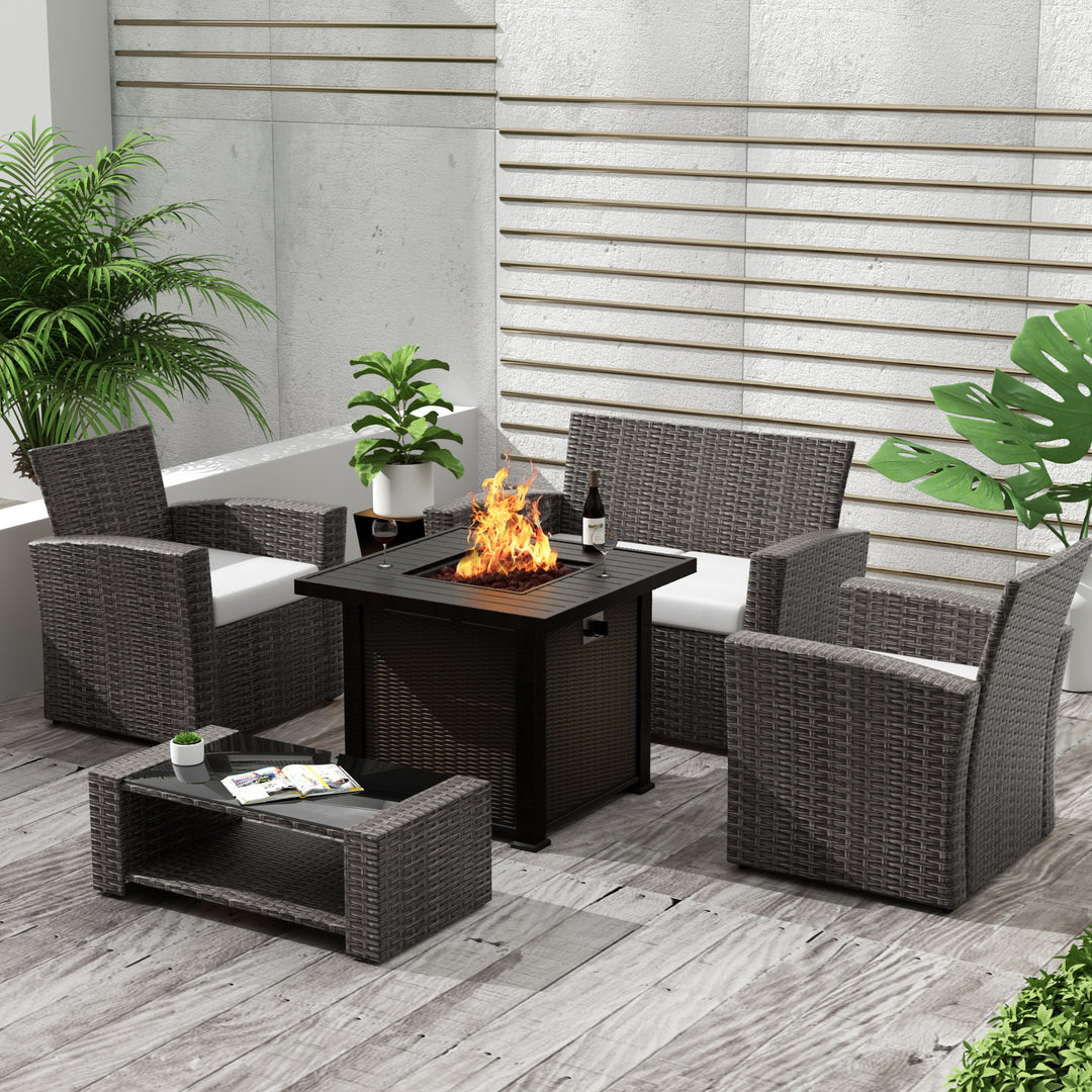 Coastal 4-Piece Gray Outdoor Patio Conversation Sofa Set with Square Fire Pit Table