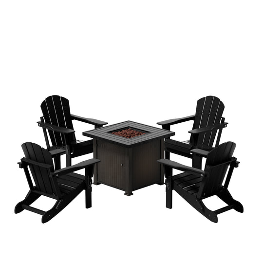 Malibu Modern Folding Poly Adirondack Chair With Square Fire Pit Table Set