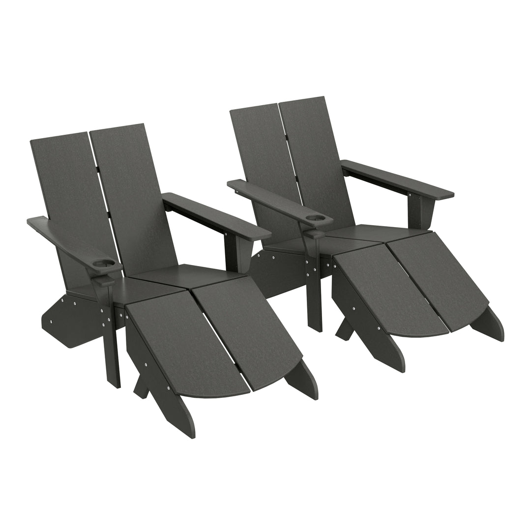 Riviera Outdoor 4-Piece HDPE Modern Adirondack Chairs Set with Folding Patio Ottomans and Cup Holder