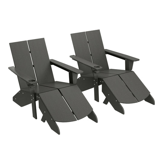 Riviera Outdoor 4-Piece HDPE Modern Adirondack Chairs Set with Folding Patio Ottomans and Cup Holder
