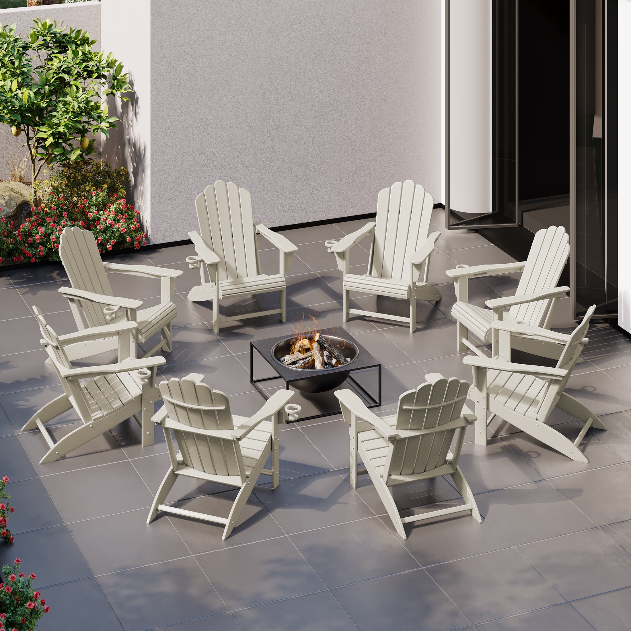 Highland Outdoor Patio HDPE Adirondack Chairs With Cup Holders (Set of 8)