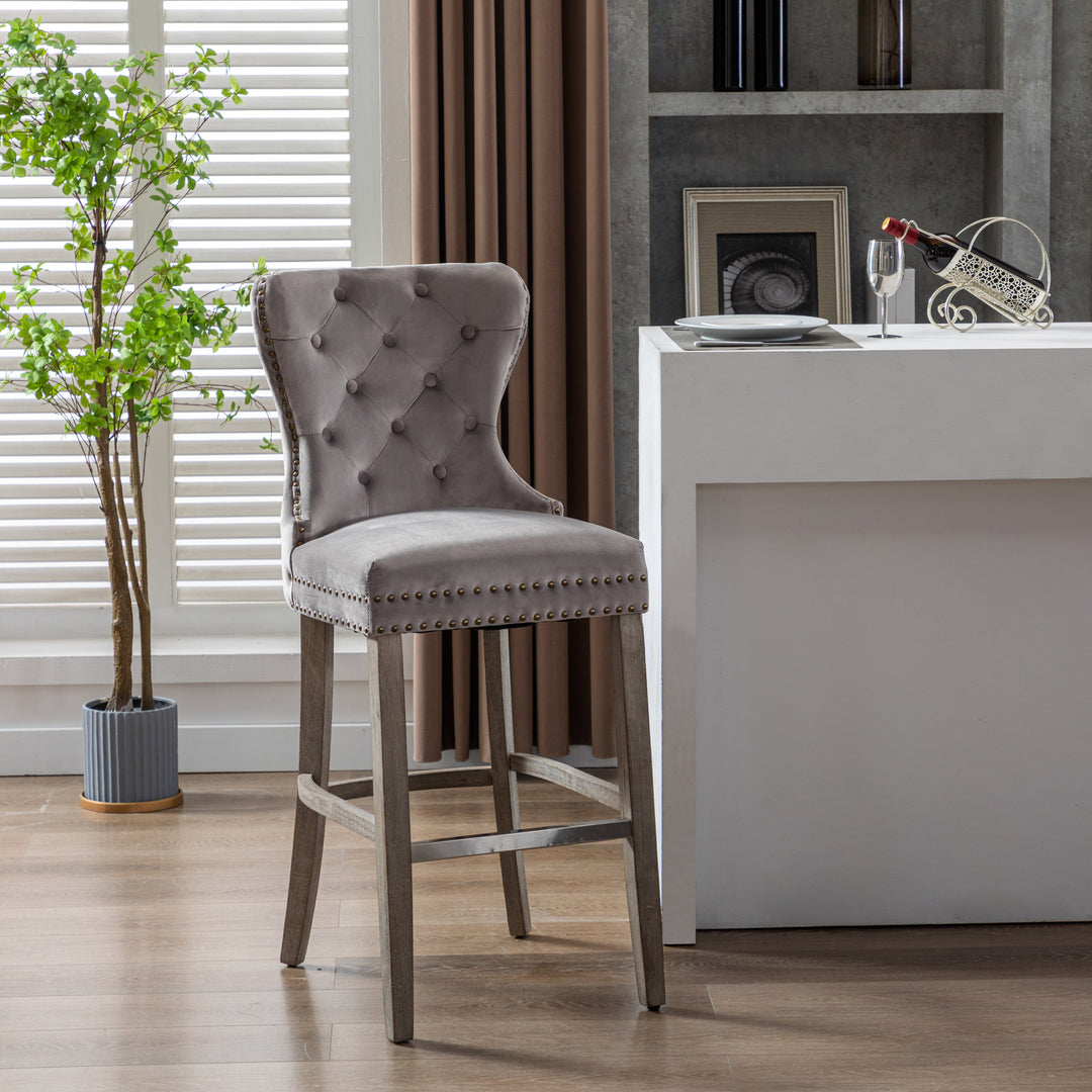 Wordford 29" Tufted Velvet Bar Stool, Antique Gray