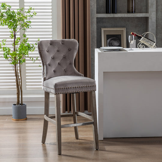 Wordford 29" Tufted Velvet Bar Stool, Antique Gray