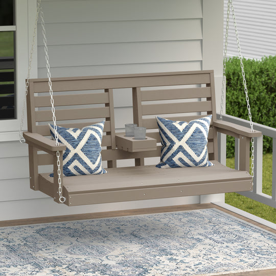 St Charles Outdoor HDPE 54" Front Hanging Porch Swing Bench With Cupholders