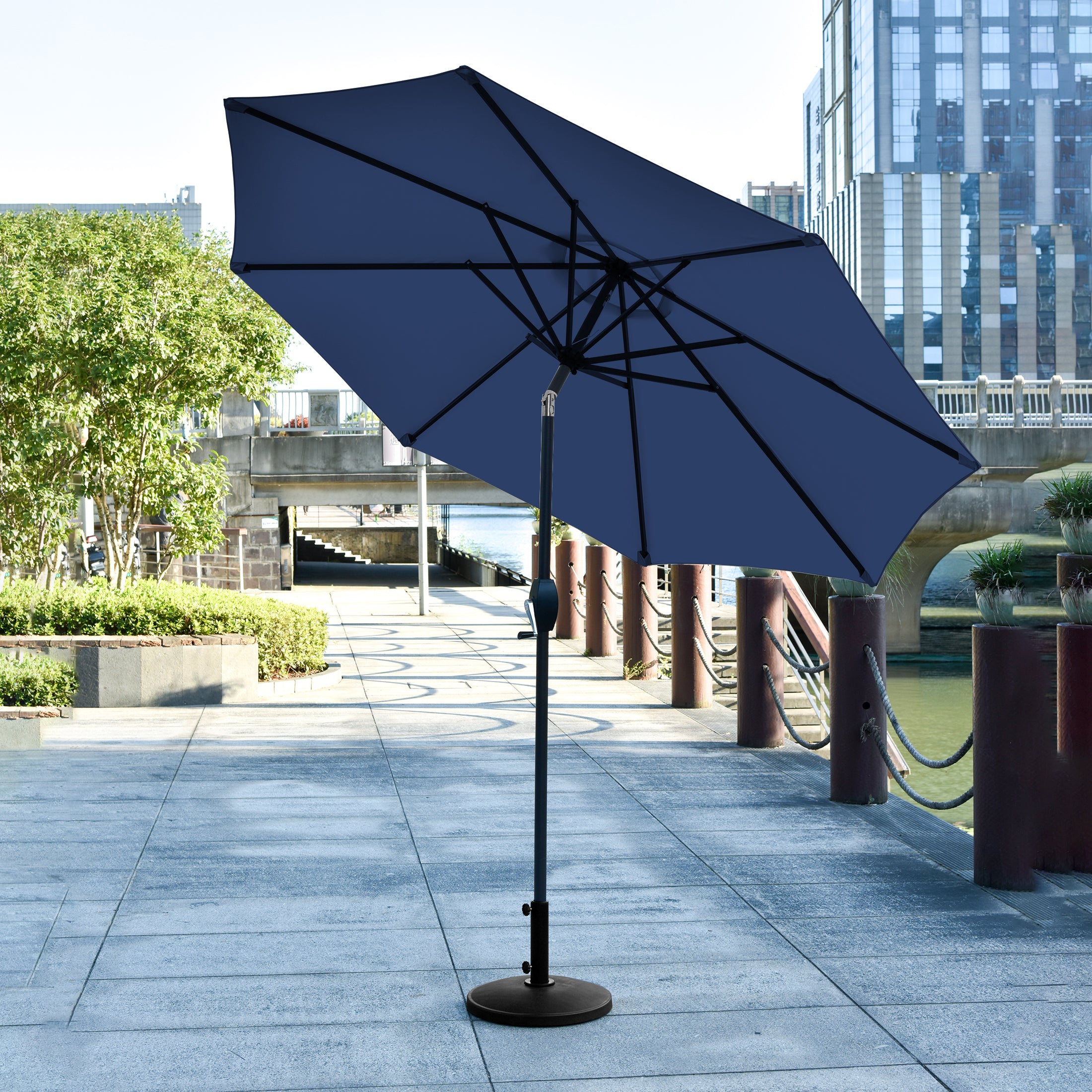 9 patio umbrella with base Outsunny Garden Umbrella: 9ft, Blue Stripe Tilt Crank and Ruffled Design for Deck and Pool Shade and solid resin hubs Khaki and White Stripe 9