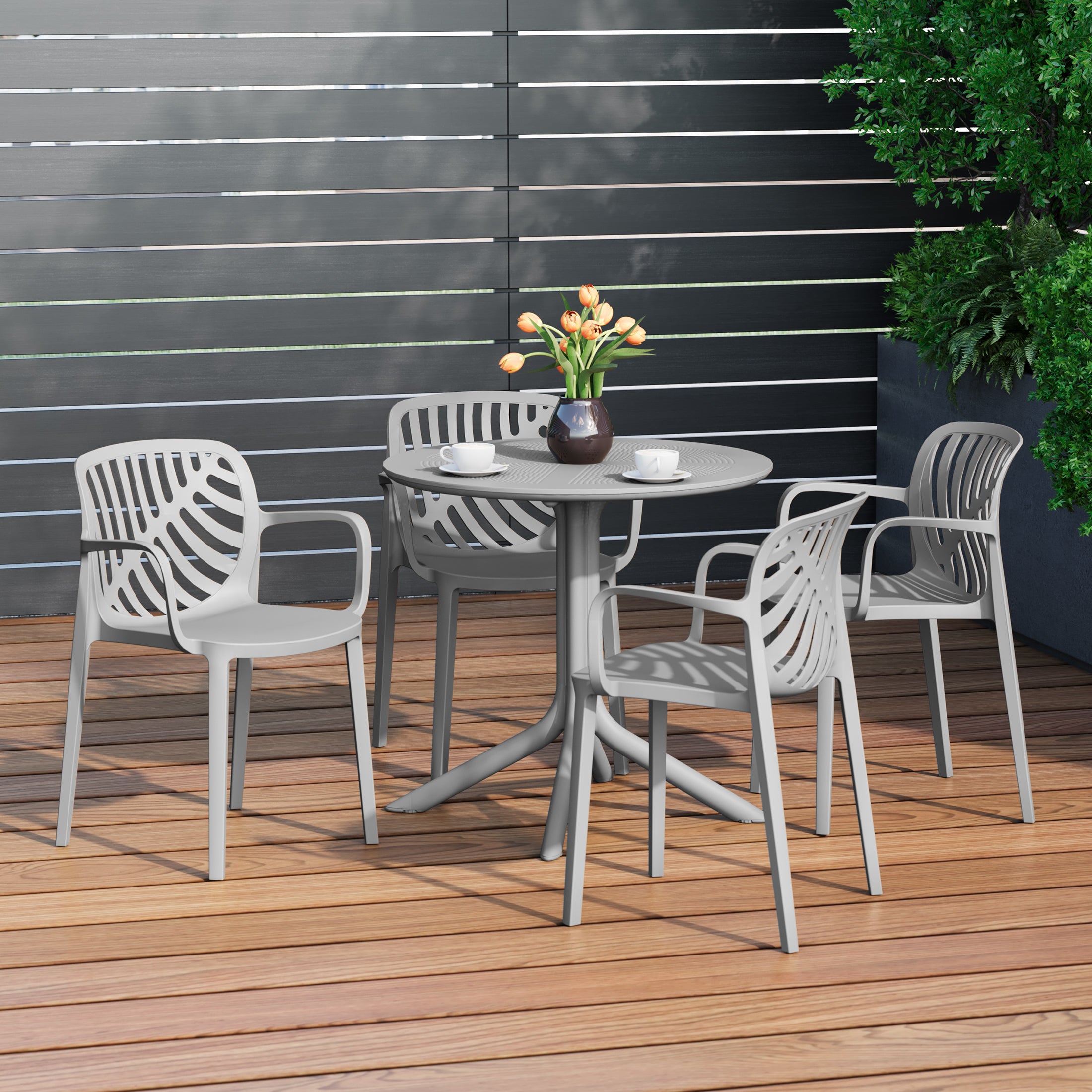 Playa 5-Piece Outdoor Resin Round Patio Dining Table Set with Modern Stackable Patio Dining Chairs