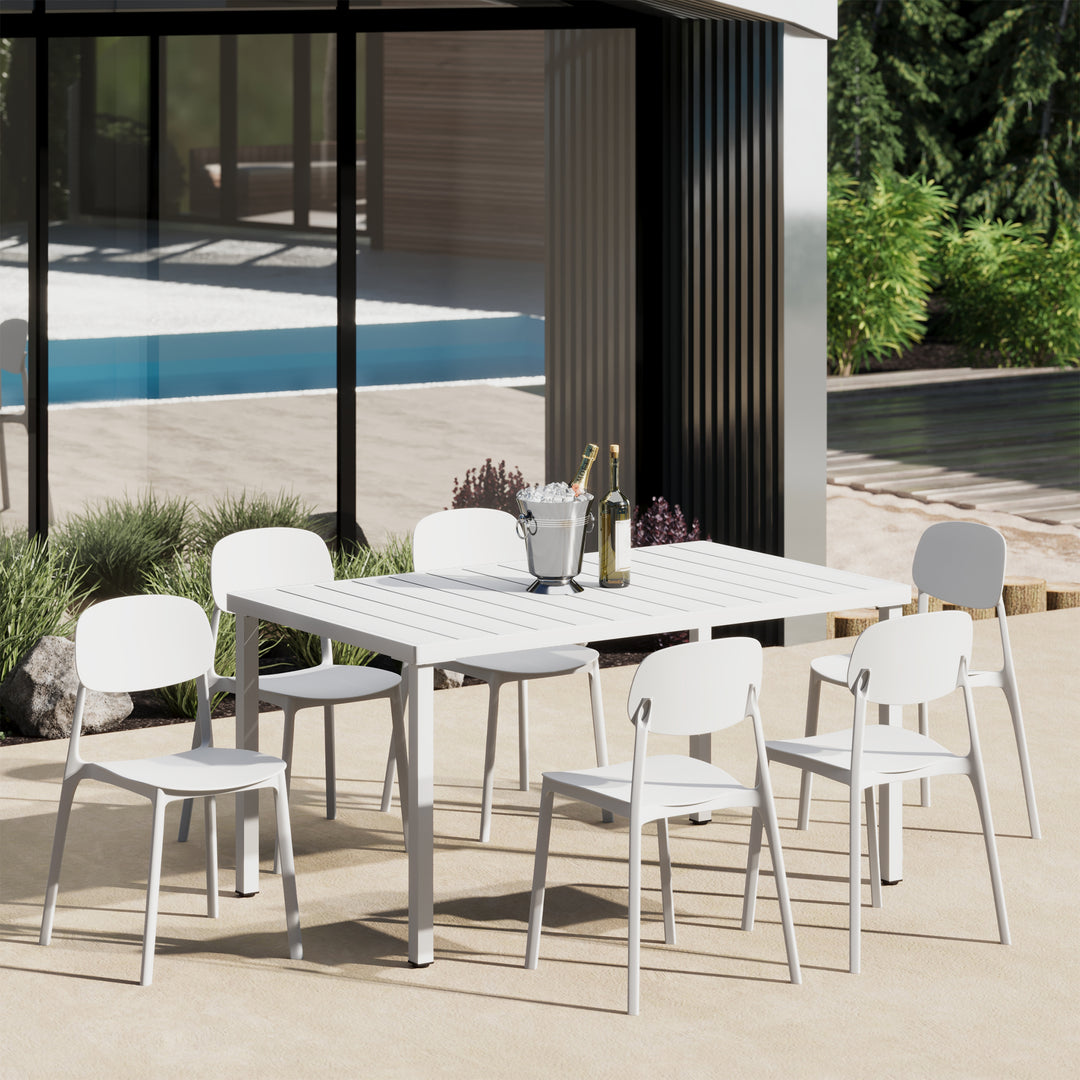 Playa 7-Piece Outdoor Rectangular Metal Patio Dining Table Set With Mid-Century Modern Stackable Patio Side Chairs