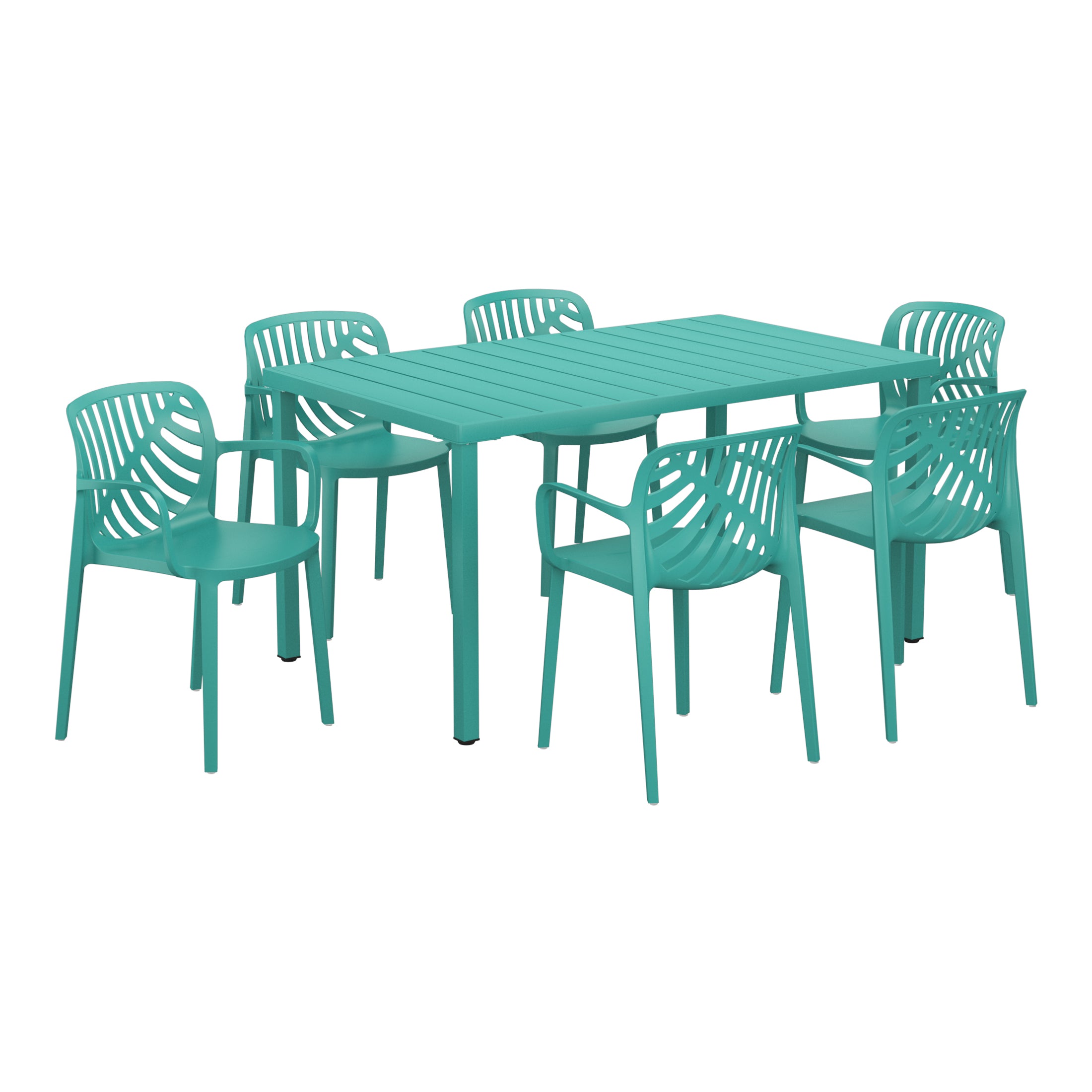 Playa 7-Piece Outdoor Metal Rectangle Patio Dining Table Set With Stackable Resin Patio Dining Chairs