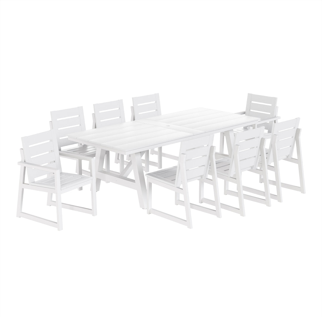 Cape May 9-Piece HDPE Outdoor Furniture Patio Dining Table With Umbrella Hole and Chairs Set For 8