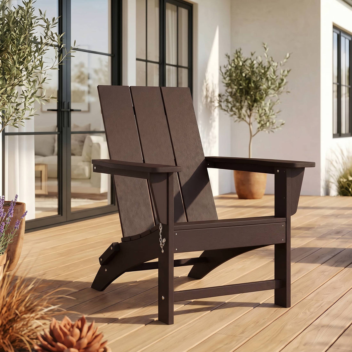 Ashore folding Adirondack chair in Dark Brown styled outdoors