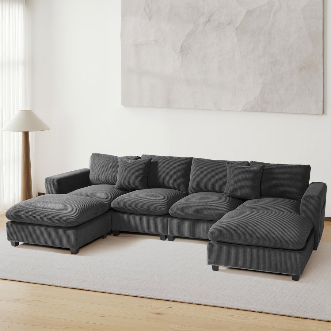 Hearthside 128" Corduroy Modular U-Shaped Sectional Couch and Chaise With USB/Type-C Ports and Side Pockets