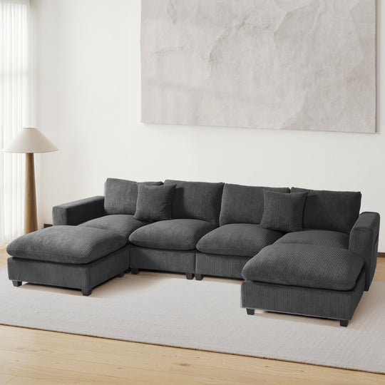 Hearthside 128" Corduroy Modular U-Shaped Sectional Couch and Chaise With USB/Type-C Ports and Side Pockets