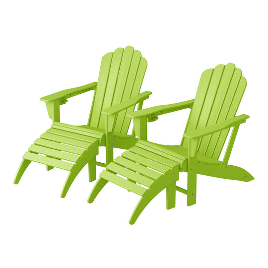 Highland 4-Piece Outdoor Patio HDPE Adirondack Chairs With Ottomans and Cup Holder Set