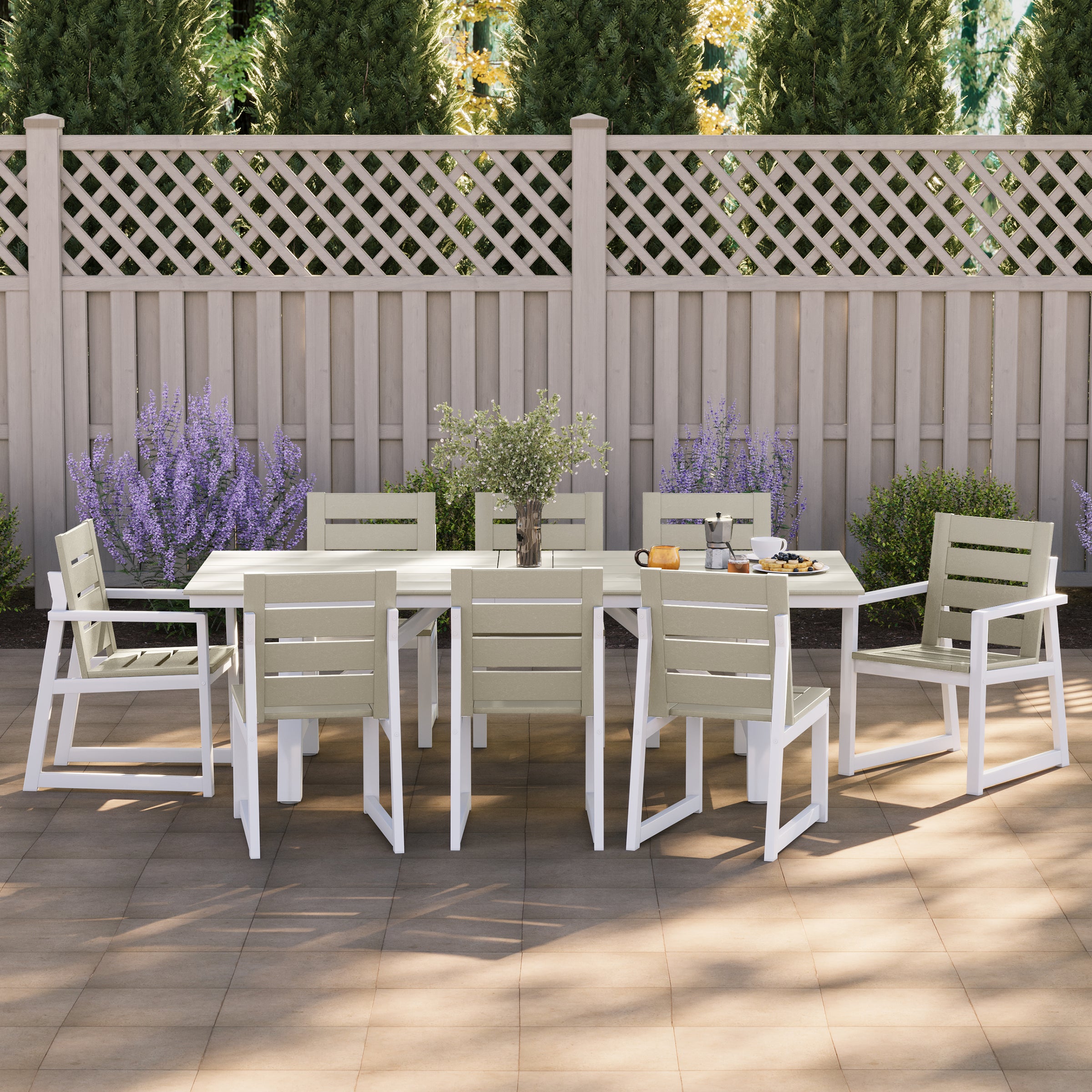 Cape May 9-Piece HDPE Outdoor Furniture Patio Dining Table With Umbrella Hole and Chairs Set For 8