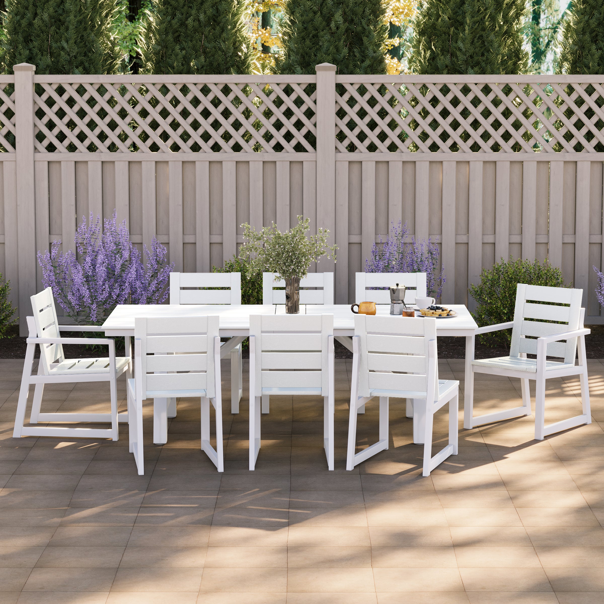 Cape May 9-Piece HDPE Outdoor Furniture Patio Dining Table With Umbrella Hole and Chairs Set For 8