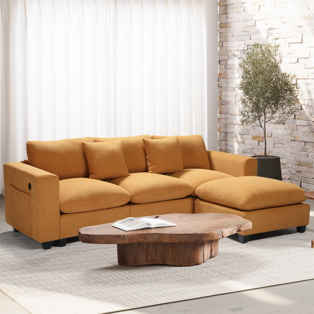 Hearthside 99" Modular Corduroy L-Shaped Sectional Sofa and Chaise With USB/Type-C Ports and Side Pockets