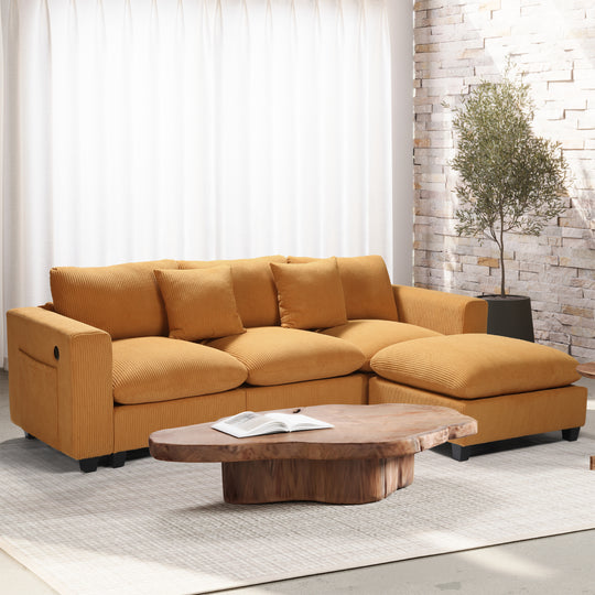 Hearthside 99" Modular Corduroy L-Shaped Sectional Sofa and Chaise With USB/Type-C Ports and Side Pockets
