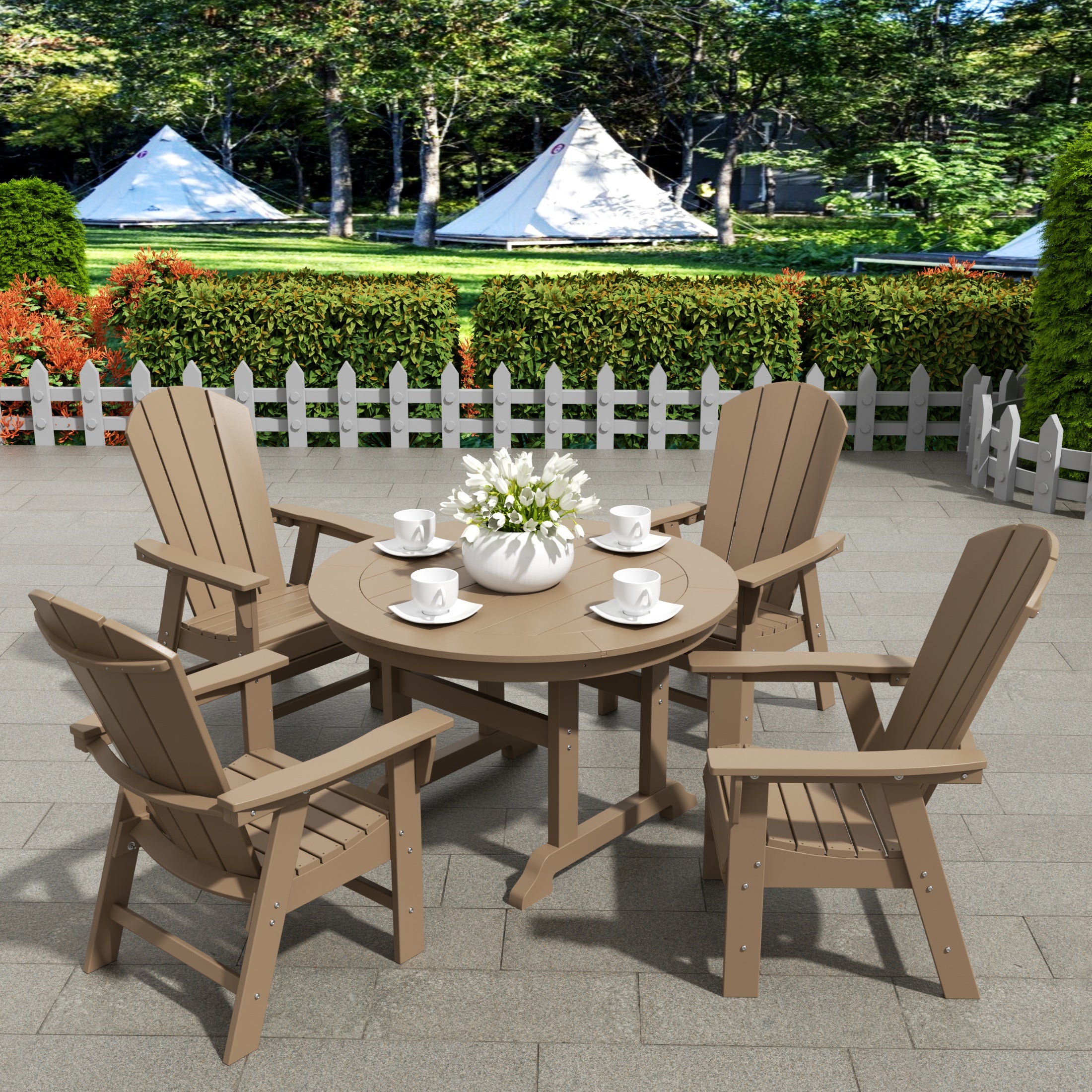Malibu 5 Piece Outdoor Patio Dining Round Table and Curved Back Armchair Set