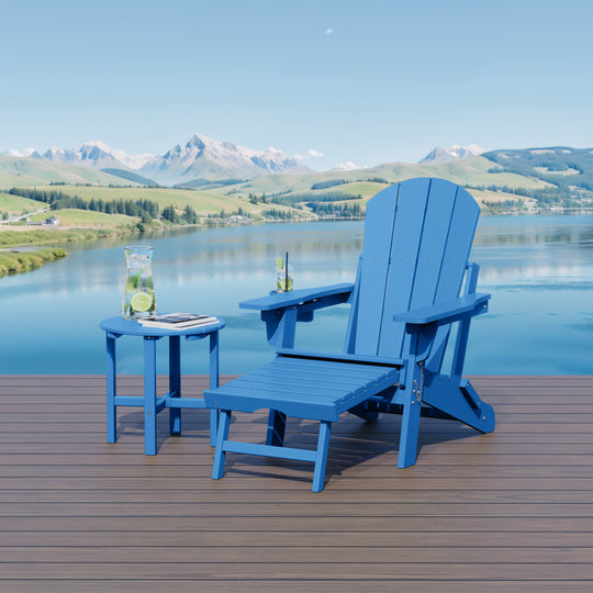 Malibu 2-Piece Outdoor Folding Adjustable Adirondack Chair with Cup Holder & Hideaway Ottoman and 18" Side Table