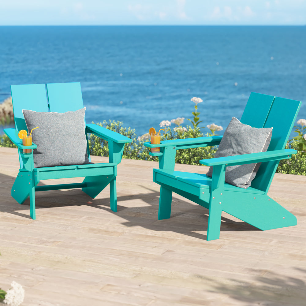 Riviera Outdoor HDPE Modern Adirondack Chair with Cup Holder (Set of 2)